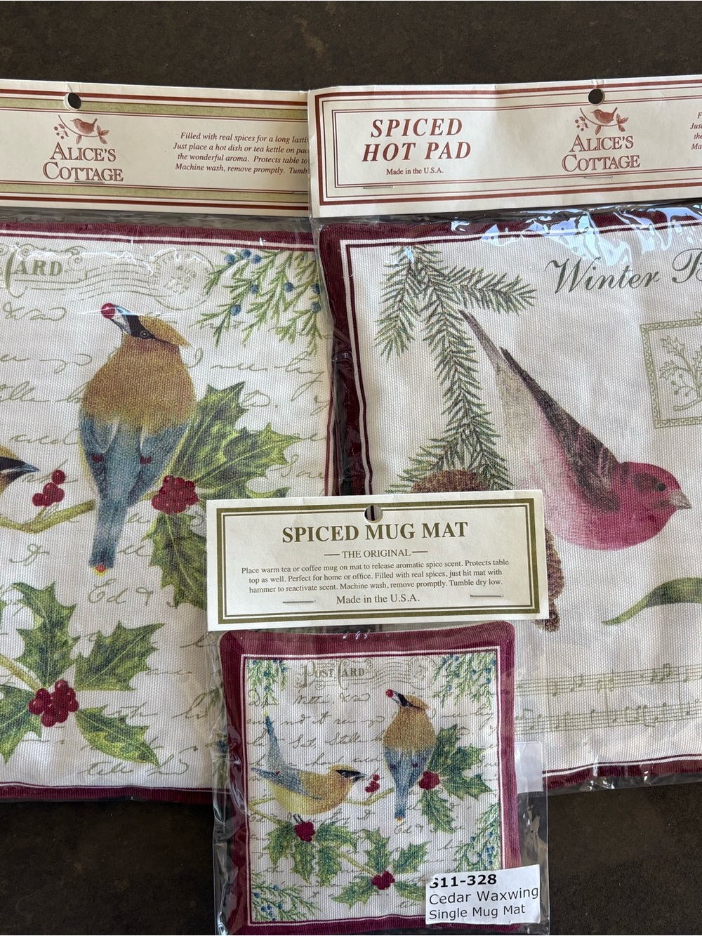 Alice's Cottage Spiced Hot Pads & Mug Mat Birds Flowers Garden Motif Brand New